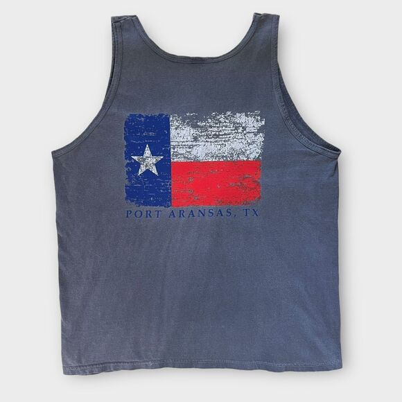 Texas Flag Port Aransas Texas Men's Large Heather Blue Ring Spun Cotton Tank Top - Picture 1 of 10